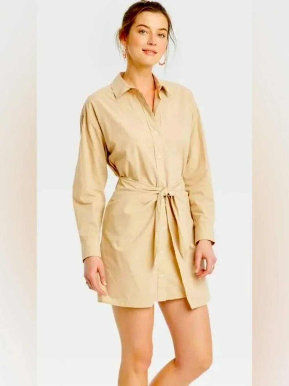 Universal Thread Tie-Front Midi Shirt Dress Beige Collared Long Sleeve Size L